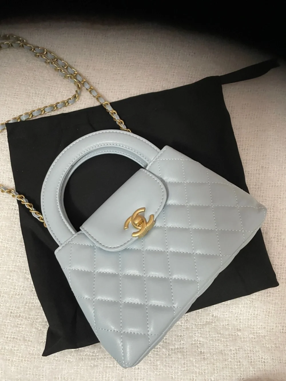 CHANEL Light Blue Quilted Mini Top-Handle Crossbody Bag with Gold Chain - Picture 2 of 9